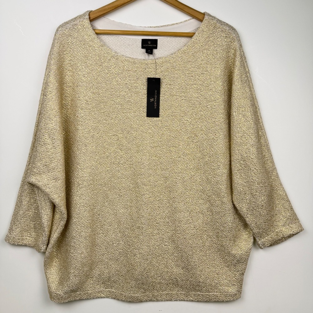 Worthington Womens Gold Metallic Knit Loose Flowy Fit Sleeve Sweater XL NWT